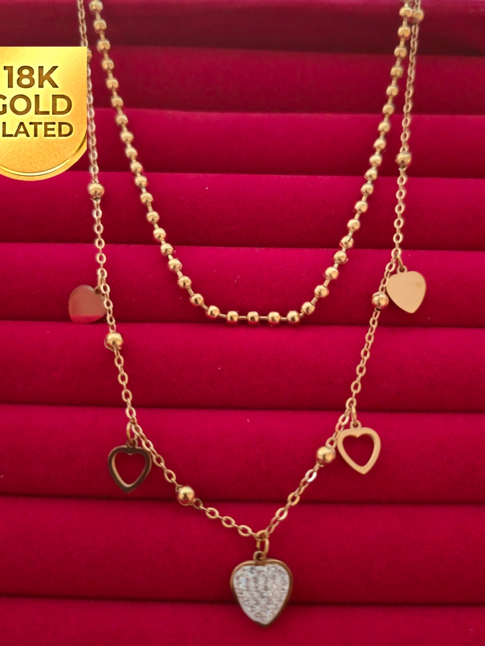 18K Gold Plated Double Layered Heart & Round Beaded Necklace -NEW JEWELRY B003